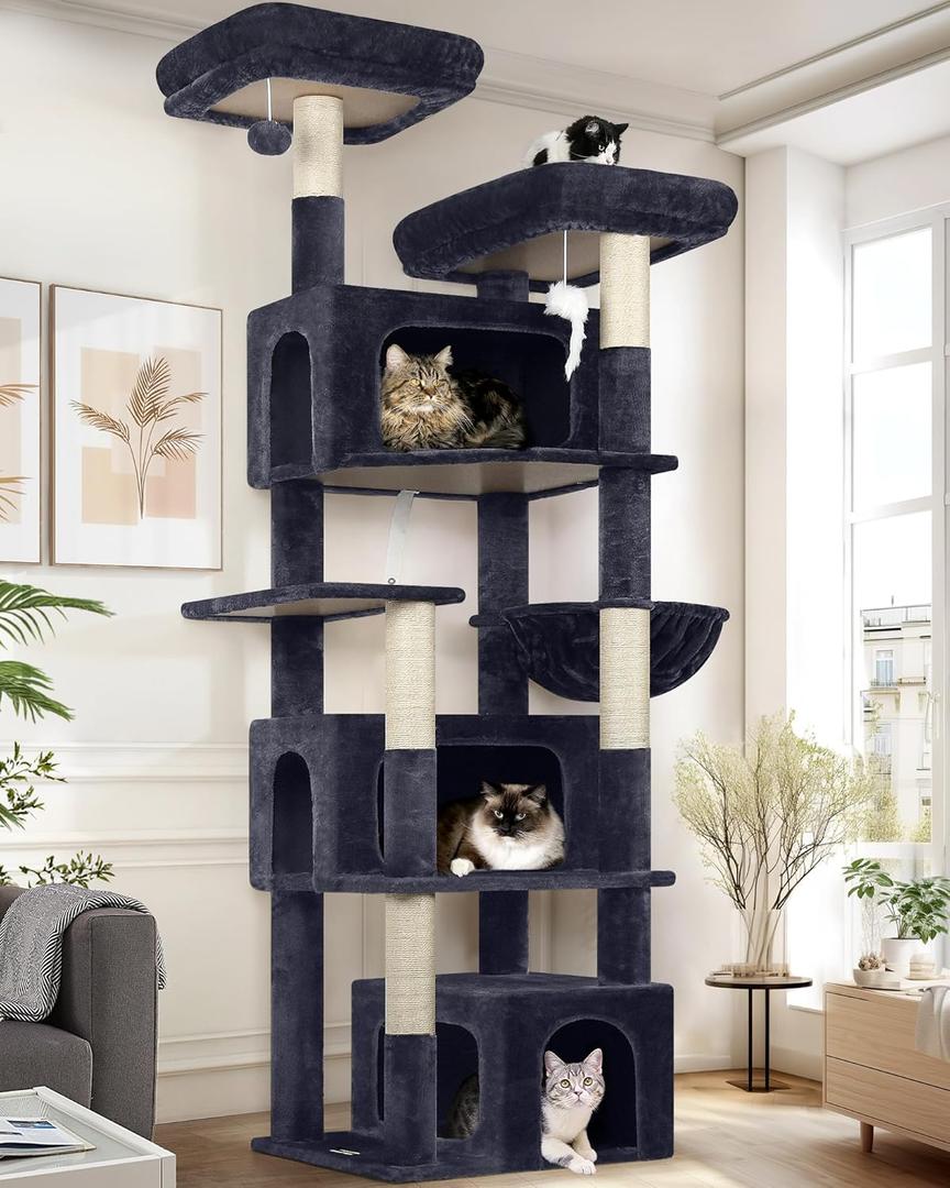 Globlazer Sturdy Cat Tree for Large Cats, 77 inch Large Cat Climbing Tower for Indoor Adult Cats, Cat Scratching Tower with 5 Scratching Posts, 3 Cat Condos, 2 Top Perches, S77, Dark Grey