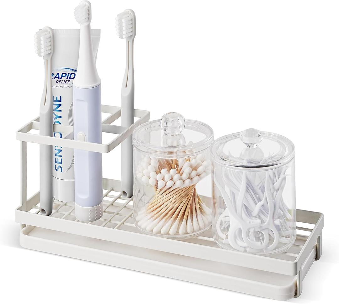 MYITYARD Toothbrush Holders for Bathrooms, 4 Slots Rustproof Metal Tooth Brushing Organizer with Drainage, Electric Tooth Brush Toothpaste Holder for Bathroom Countertop, White