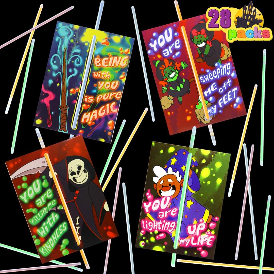 JOYIN 28 Halloween Craft Invitations Cards with Glow in The Dark Sticks for Kids Trick or Treat Party Gift Away, School Classroom Hangout Greeting.