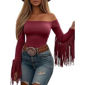 Fringe Tops for Women Western Cowgirl Off The Shoulder Fall Long Sleeve with Tassels Stretchy Crop Shirts Blouses (Large, 05-wine)