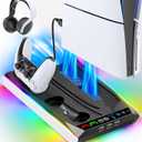 PS5/Slim/Pro Stand for Disc & Digital Console, PS5 Cooling & Charging Station with RGB Lights, PS5 Controller Charger Built-in 3 Level & AUTO Adjustable Fan, PS5/Slim/Pro Accessories for PS 4 Cases
