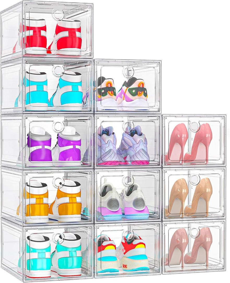 ARSTPEOE 12 Pack Upgrade Harder Shoe Organizer, Shoe Storage with Magnetic Front Door, Clear Shoe Boxes Foldable Space-Saving Shoe Rack for Sneaker Boot Container, White