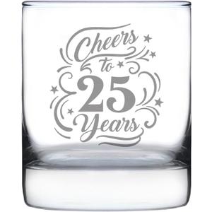 Bevvee Cheers to 25 Years - Whiskey Rocks Glass Gifts for Women & Men - 25th Anniversary Party Decor - 10.25 Oz Glasses