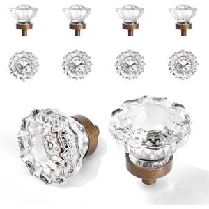 Vintage Cabinet Knobs Crystal Cabinets Knob 8 Pack, Antique Brass Bronze Small Pull, Clear Crystal Closet Dresser Drawers Cupboard Wardrobe Old Fashioned Handle, Retro Pulls Two Installation Methods