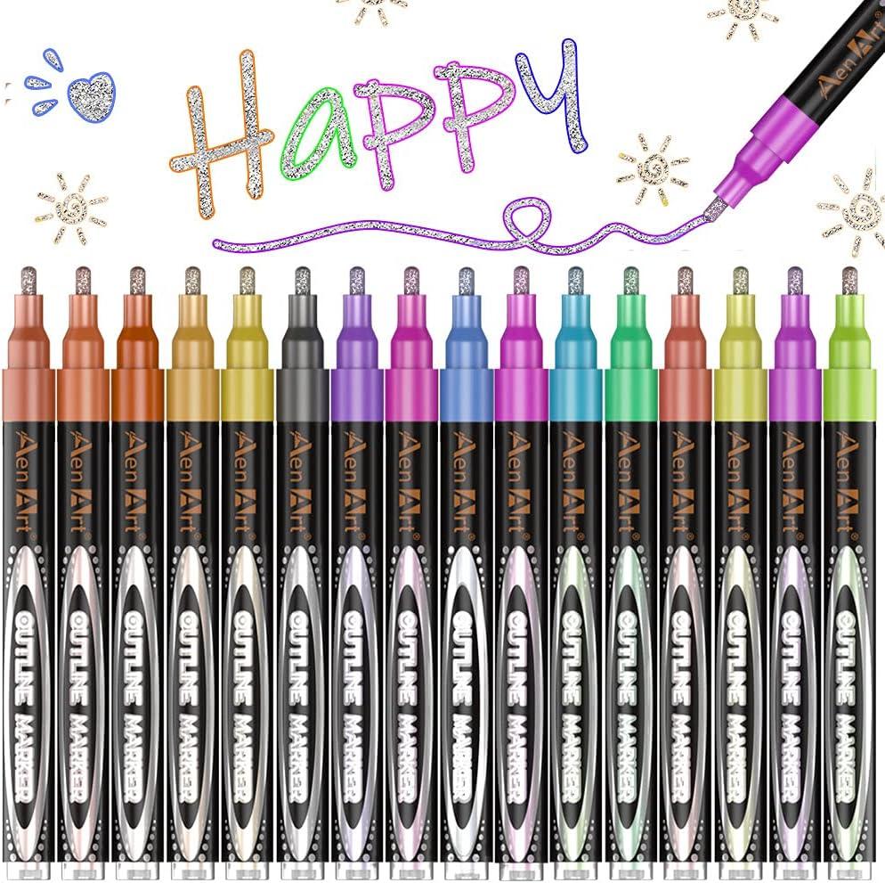 Aen Art Double Line Markers Outline Pens, Squiggles Shimmer Outline Marker Set, 16 Colors Doodle Shimmer Pen for Drawing, Making Card, Craft Project