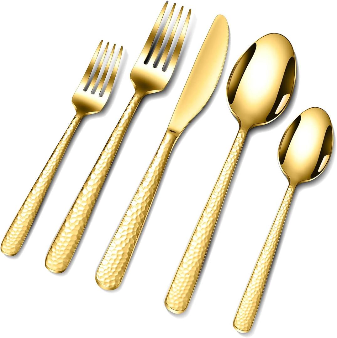 Hammered Silverware Set, 30 Pieces Flatware Set Service for 6, Mirror Polished Cutlery Utensil Set Include Fork Knife Spoon Set Dishwasher Safe, Premium Stainless Steel (Gold-30)