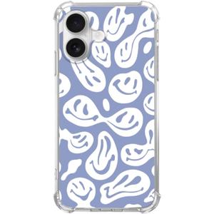 Blue White Trippy Smile Face Phone Case for iPhone 16, Cute Funny Melted Face Case for Girls for iPhone 16,Unique Trendy TPU Bumper Case
