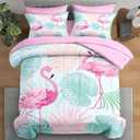 Comforter Set Queen Size, Tropical Flamingo Pink 7 Pcs Bedding for Kids and Adults, Hawaii Palm Plant Summer Bed Sheet Sets with Fitted Sheet 2 Pillowcase & 2 Sham for Bedroom Bed Decor