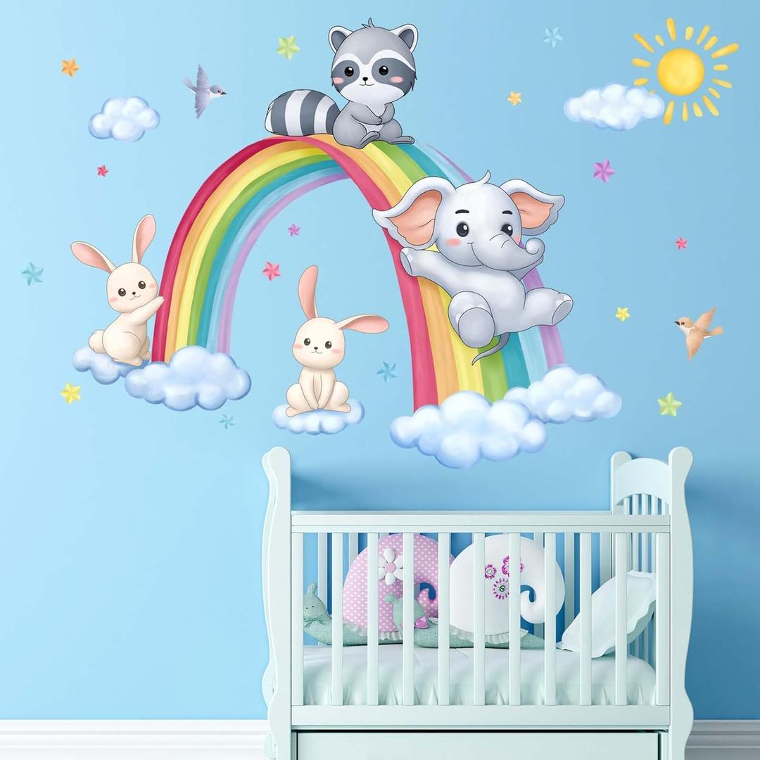 Rainbow Animal Wall Stickers - Elephant Rabbit Raccoon Wall Decals - Baby Nursery Kids Boy Girls Room Daycare Playroom Classroom Wall Decor