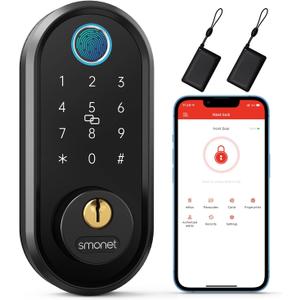 Smart Lock, SMONET Fingerprint Door Lock Smart Deadbolt Keyless Entry - Electronic Digital Keypad with Biometric Fingerprint, Smartphone App Auto Lock Bluetooth Keys Fobs Smartlock for Alexa, Home