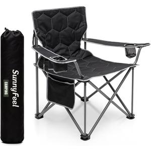 SUNNYFEEL Camping Chairs for Adults, Padded Oversized Camping Chair Heavy Duty 500LBS, Portable Lawn Chair with Cup Holder, Side Pocket&Bag for Outdoor Camping/Beach/Picnic/Fishing, Black
