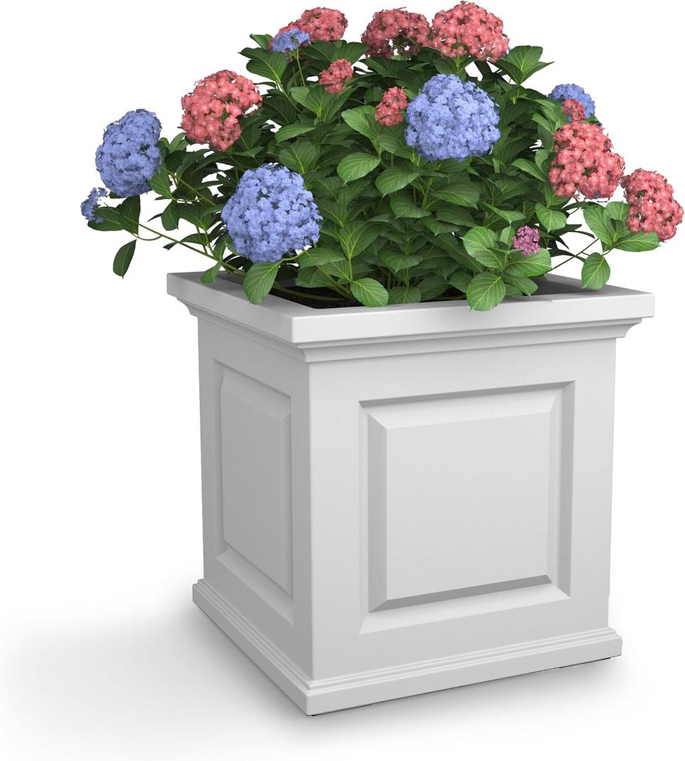 Mayne Nantucket 20-Inch Square Planter  Self-Watering, Weather-Resistant Planter for Flowers  Durable Outdoor Design for Patio, Porch, or Entryway (White)