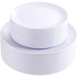 PULOTE 100PCS White Plastic Plates Disposable - Heavyweight 50 White Dinner & 50 Dessert/Salad Plates for Wedding & Party