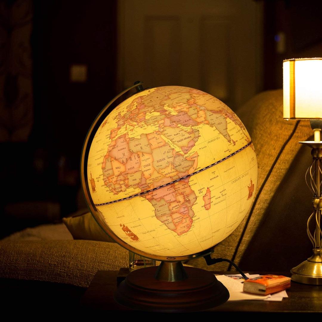 Illuminated World Globe for Adults & Kids with Wooden Stand,Built in LED Lamp for Illuminated Night View Antique Globe for Home Dcor and Office Desktop 8inch