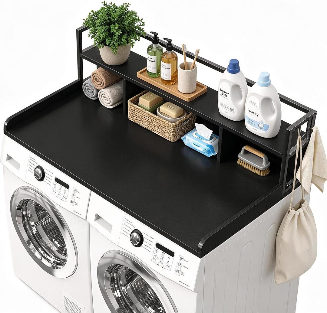 2-Tier Washer Dryer Countertop with Shelf, 54"x27.5" Wooden Laundry Topper with Edge and 2 Hooks, Washing Machine Counter Top Storage Shelf for Laundry Room Organization (Black)