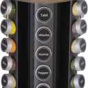 New England Stories Revolving Spice Rack Set with 30 Spice Jars, Kitchen Spice Tower Organizer for Countertop or Cabinet - Carousel Storage Includes 386 Spice Labels (Wood)