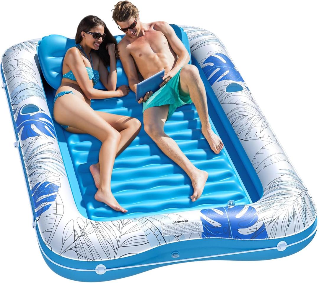 Pool Floats Adult - Inflatable Tanning Pool Water Filled - 80" x 50" 4 in 1 Suntan Tub Lounge Raft with Removable Pillow and Cup Holders - Blow Up Pool Bed for Adult Kiddie (XL)