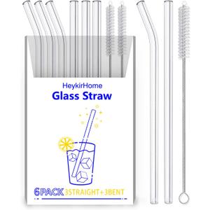 6-Pack Reusable Glass Straw-Transparent,Size 8''x10 MM,Including 3 Straight and 3 Bent with 2 Cleaning Brush- Perfect For Smoothies, Tea, Juice-Clear