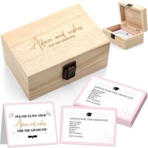 52 Pcs Pink Graduation Advice and Wishes Cards Wooden Box Set with Hope and Advice Cards for High School and College Graduation Party Theme Activity Supplies Holiday Blessing Gifts