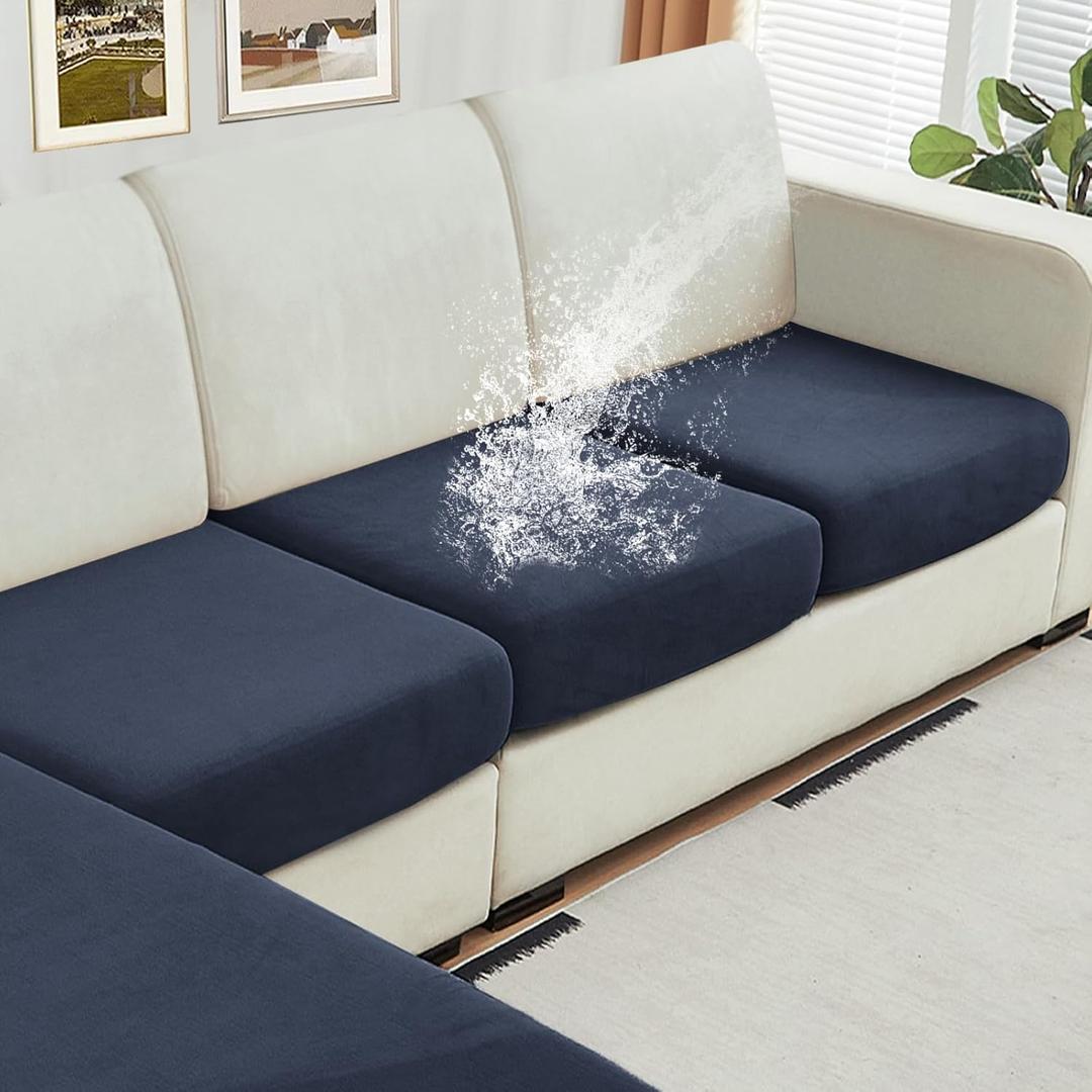 NAISI Waterproof Couch Cushion Covers Thick Velvet Fabric Washable Sofa Slipcovers 3 Pieces Individual Sectional Couch Covers with Elastic Bottom(3 Pcs for 3-Seat or Backrest, Navy)