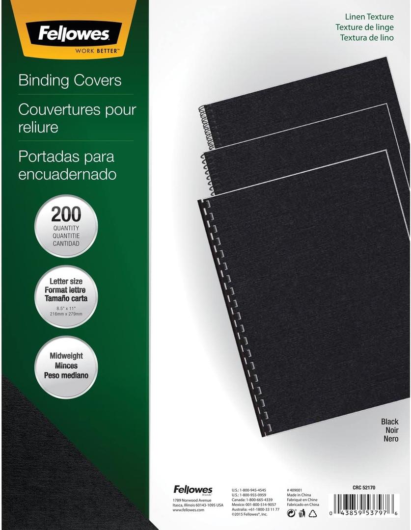 Fellowes Binding Linen Presentation Covers, Letter, Black, 200 Pack (5217001), Black Linen