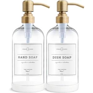 Vine Creations Clear Glass Soap Dispenser, 2 Pack Kitchen Soap Dispenser Set with Stainless Steel Pump, 16 oz Dish Soap and Hand Soap Dispensers for Bathroom with Waterproof Labels (Clear Bottle / Brushed Brass Pump)
