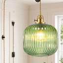 Green Glass Plug in Pendant Light with 15ft Cord and On/Off Switch