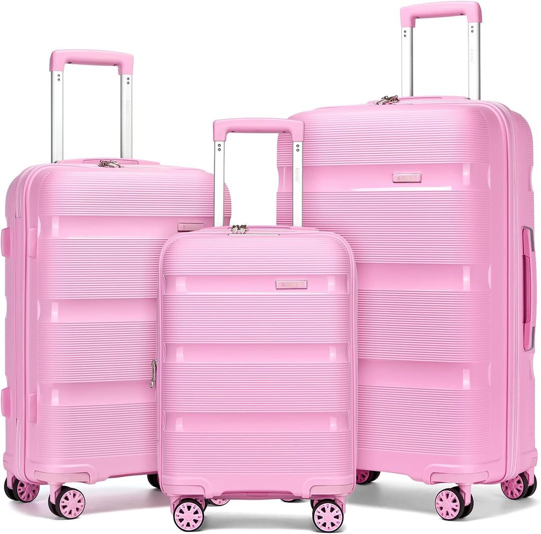 Kono Luggage Sets 3 Piece Hard Shell Travel Trolley 4 Spinner Wheels Lightweight Polypropylene Suitcase with TSA Lock (Pink, 20/24/28 Set)