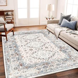 Washable Area Rug 8x10 Retro Flowers Boho Design Non-Shedding Easy Care Ideal for High Traffic Areas in Living Room Bedroom Office Coffee Table Kitchen Large Carpet (Blue and Gray)