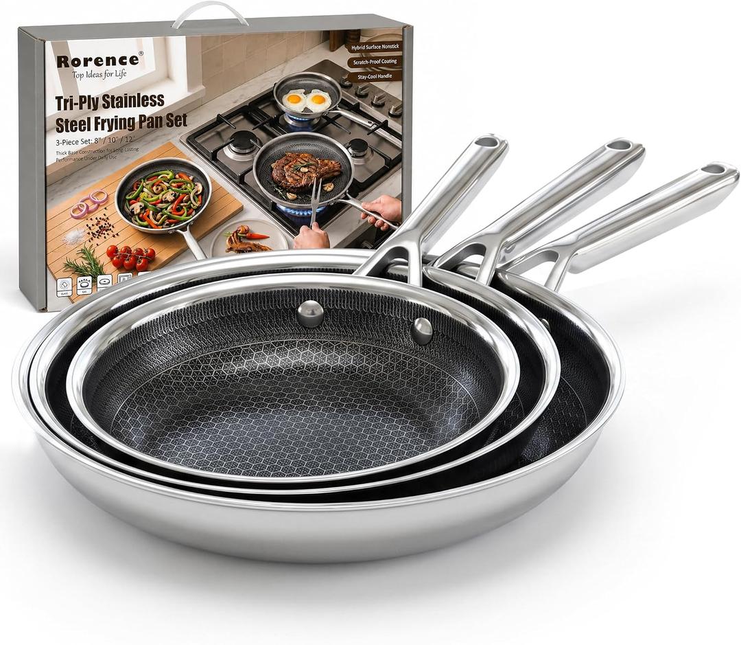 Rorence Non Stick Frying Pan Set, 8/10/12" Tri-Ply Stainless Steel Skillets
