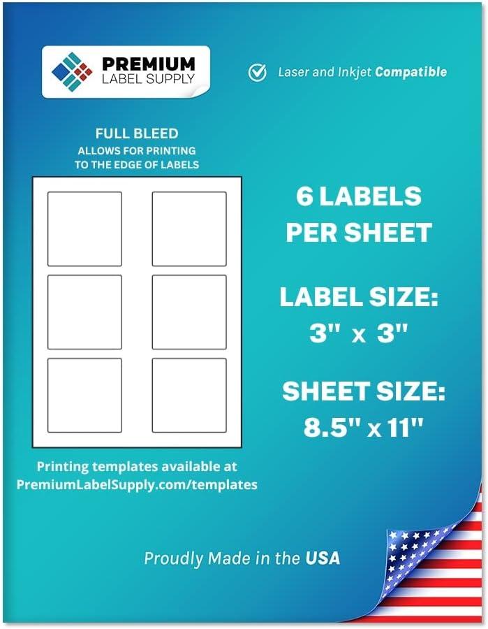 Premium Label Supply White Sticker Square Labels  3" x 3"  Laser/Inkjet Compatible  (6 per Sheet), 25 Sheets  150 Total Adhesive Labels