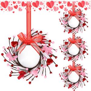 4 PCS Mini Valentine Wreaths for Cabinet Front Door Valentine Wreath Red Pink Glitter Heart and Berry Hanging Valentines Day Wreaths for Window Wedding Birthday Home Wall Porch Decoration