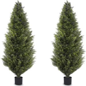 Outdoor Artificial Cedar Topiary Trees, 6FT Set of 2 UV-Resistant Potted Plants with Planter, Realistic Fake Trees for Porch, Garden, Balcony, Patio & Office Decor