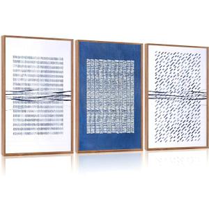 Aurlan Blue and White Abstract Dots Shapes Framed Wall Art(16"x24"), 3 PCS Minimalist Grunge 3D Textured Canvas Artwork, Large Modern Geometric Illustration Art Wall Decor for Office Living Room Bedroom