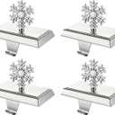 SYITCUN Stocking Holders for Mantle, 4 Pcs Weighted Christmas Stocking Holder, Magnetic Silver Snowflakes Stocking Hooks for Fireplace