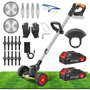 SakerPlus 24V Cordless Weed Wacker, Electric Grass Trimmer Weed Eater with 1 Battery, 3-in-1 Lightweight Brush Cutter/Lawn Mower/Edger with Wheels & 2 Types of Blades for Lawn, Garden & Yard Care