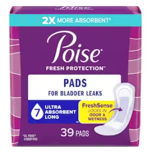 Poise Incontinence & Postpartum Pads for Bladder Leaks, 7 Drop Ultra Absorbency, Long Length, 39 Count