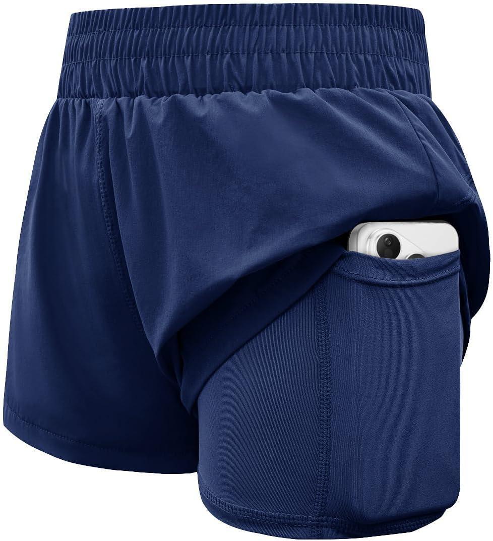 WIFFGO Girls Athletic Shorts 2 in 1 Elastic Waist Pockets Biker School Ball Games Running Sports Teen Summer Outfits (Navy Blue)(Size 160)