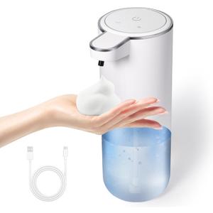 Automatic Foaming Soap Dispenser, Touchless Foam Hand Soap Dispenser for Bathroom, 4-Level Adjustable,13.5oz/400ml, Wall Mounted, Rechargeable (White+transparent)