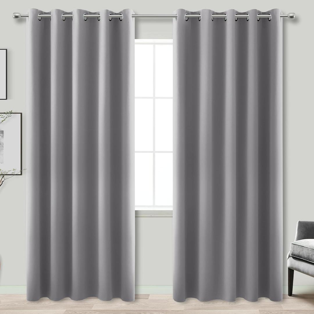 KOUFALL Extra Wide Thermal Soundproof Curtains, 72 x 84 Inch Long Black Out Noise Reducing Blackout Curtains for Summer Bedroom Living Room 2 Panel Set, Light Grey