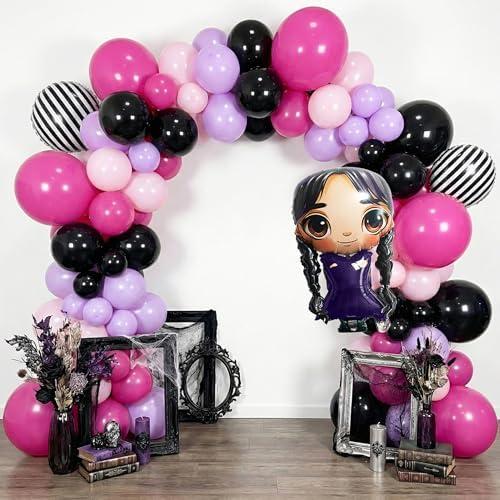 148pcs Purple Black Hot Pink Balloon Arch Kit for Gothic Birthday Decorations, Dark Sweet Party Balloons Garland Set with Striped Foil Balloons for Halloween Baby Shower Girl Party Decor