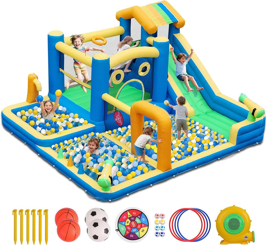 Bounce House Water Slide, 10 in 1 Inflatable Water Slide for Kids, Water Park with Blower, Water Gun, Jumping, Circle,Climbing Wall, Basketball Hoop, Blow Up Water Slides Backyard Outdoor Indoor