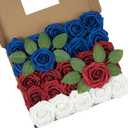 DuHouse 25Pcs Artificial Roses Flowers Fake Rose with Stems Real Touch Foam Flowers for DIY Wedding Bouquet Party Centerpiece Floral Arrangement Party Home Decor(Blue White Red)