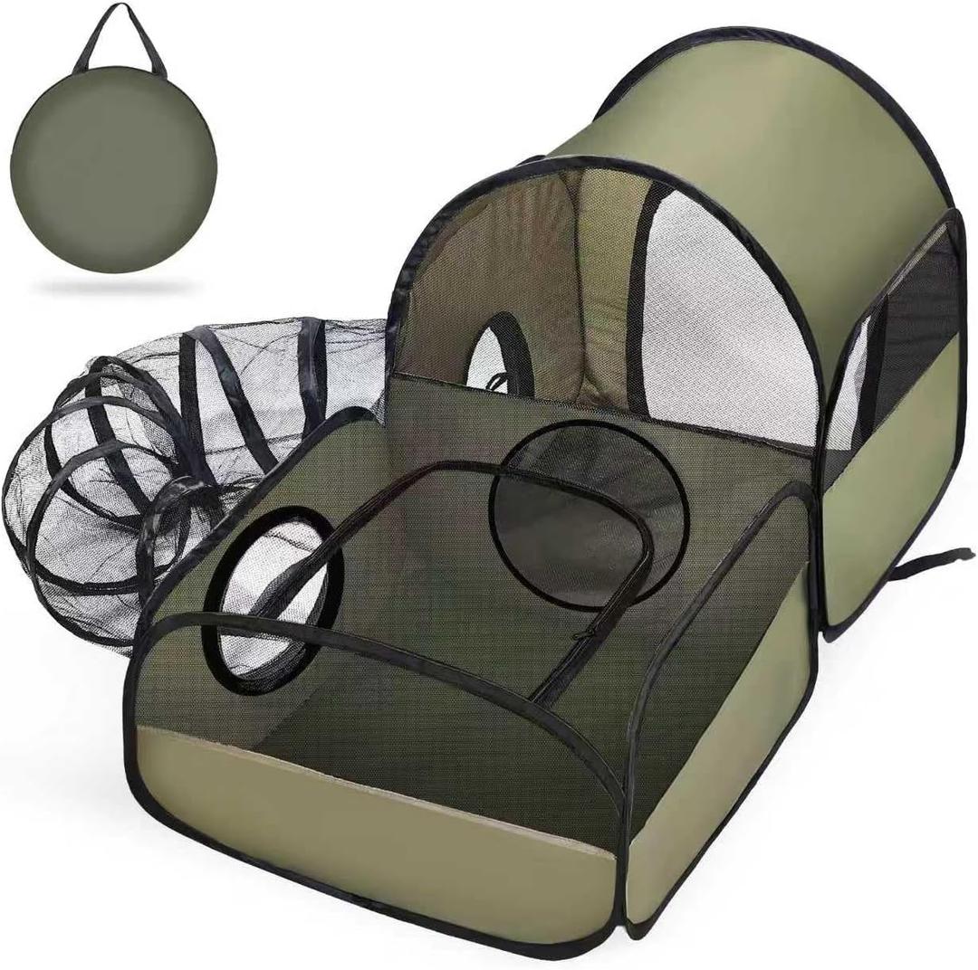 Portable Cat Playpen with Surround Tunnel, 2-Linked-Enclosed Areas, Ideal Cat Tent Outdoor or Cat Playpen for Indoor Cats Enclosed.Breathable Mesh Design for Indoor & Outdoor Use(Green)