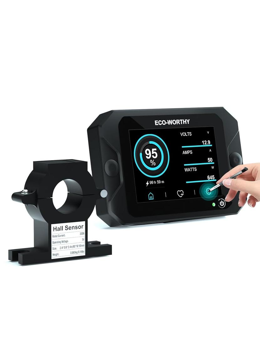 ECO-WORTHY Battery Monitor with Hall Sensor Touchable Display, 9-80V 300A with Alarm, for Li-ion/LiFePO4/AGM/Gel Battery in Golf Cart/RV/Solar System