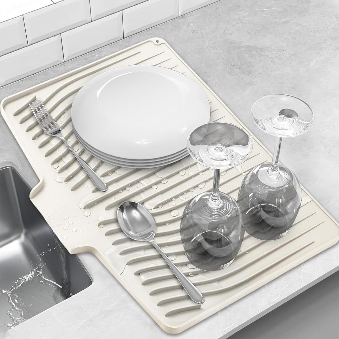 Silicone Dish Drying Mat for Kitchen Counter, Dish Drainer Mat, Non-Slip Drying Pad with Built-in Drain, Kitchen Drying Matt For Counter(18.9" x 11.8", Cream)