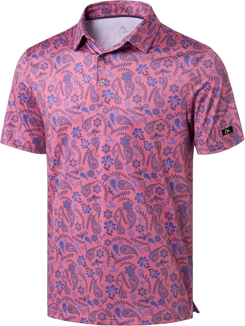 Obla Mens Golf Polo Shirts Short Sleeve Dry Fit Performance Moisture Wicking Casual Print Collared Golf Shirts for Men (L)