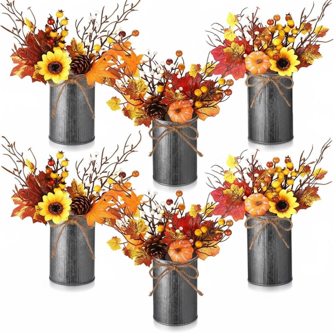 Zeyune 6 Sets Fall Thanksgiving Table Centerpiece Decoration Harvest Artificial Flower Stem Pumpkin Maple Berry Pick with Metal Pot for Autumn Rustic Farmhouse Home Kitchen Dining Indoor Decoration