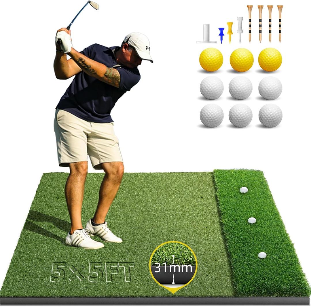 Bltend Dual Turf Golf Mat 31mm: 5x5ft/5x4ft Heavy-Duty Golf Hitting Mats Practice Outdoor/Indoor, Elite Dense Artificial Turf Matt Training Aid for Garage/Simulators/Driving Range/Backyard, Extra Large 5X5 ft