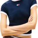 Tommy Jeans Women's Short Sleeve Cotton Graphic T-Shirts with Embroidered Badge Logo (Large, Dark Night Navy)